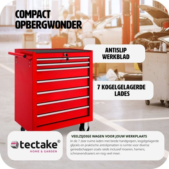 tectake - Werkzeugwagen mit 7 Schubladen - Werkstattwagen, mobile Werkstatt, leerer Werkzeugwagen, Werkzeugkasten, 7 Schubladen, 69 x 33 x 79 cm, Räder mit Bremse, inkl. 2 Schlüssel - rot