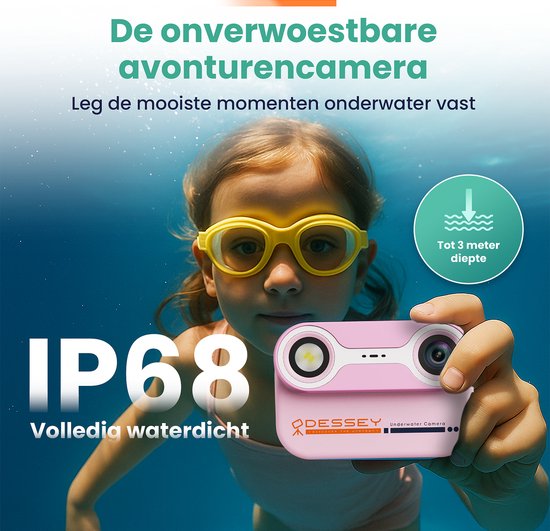 ODESSEY Wasserdichte Kinderkamera – mit Stativ – Full HD – Selfie-Kamera – 32 GB SD-Karte – Foto – Video – Spiele – Digitalkamera für Kinder – Fotokamera für Kinder – Rosa