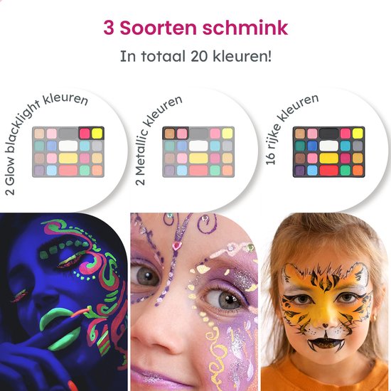 Partizzle Face Paint Set auf Wasserbasis - Gesichtsmalbuch und Schablonenset - Pinsel, Schwämme, Haarkreide, Bio-Glitter - Weihnachten Kinder - 20 Farben