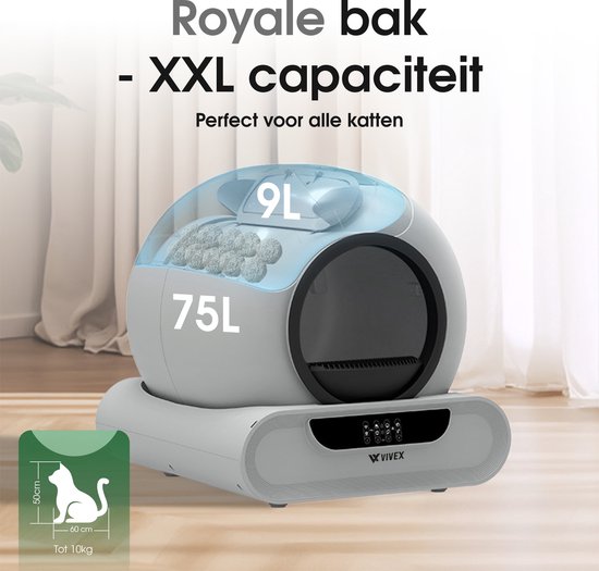 Vivex® Automatisches Katzenklo - Selbstreinigendes Katzenklo inkl. App - 75L - inkl. Matte und 5 Rollen Sammelbeutel - XXL