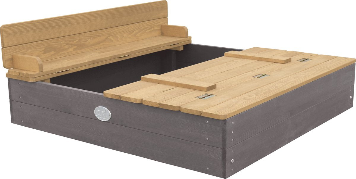 AXI Ella Sandkasten aus Holz 100 x 95 x 20 cm – Grau/Braun – Mit Deckel und 2 Sitzbänken – FSC-zertifiziertes Hemlock-Holz
