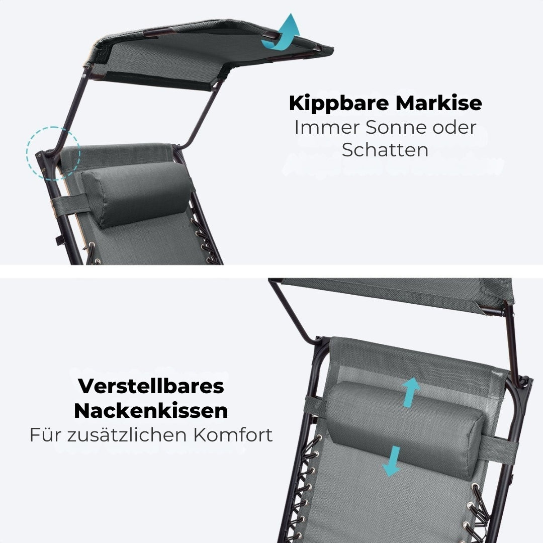 LifeGoods Faltbare Gartenstühle - mit Sonnendach - 2 Stück - 30°-90° verstellbar - Metall - Dunkelgrau