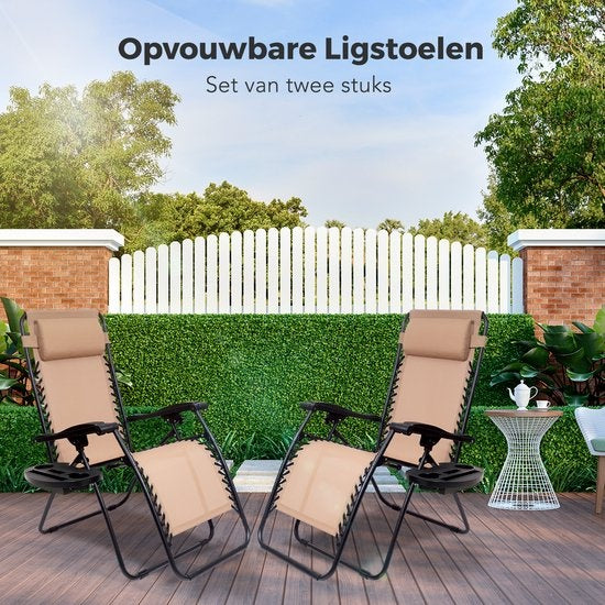LifeGoods Faltbare Gartenstühle - 2 Stück - 30Â°-90Â° Verstellbar - Metall - Beige