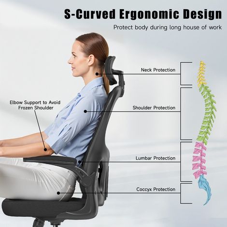 Lifegoods Ergonomischer Bürostuhl – drehbar – Kopfstütze – 150 kg – Schwarz