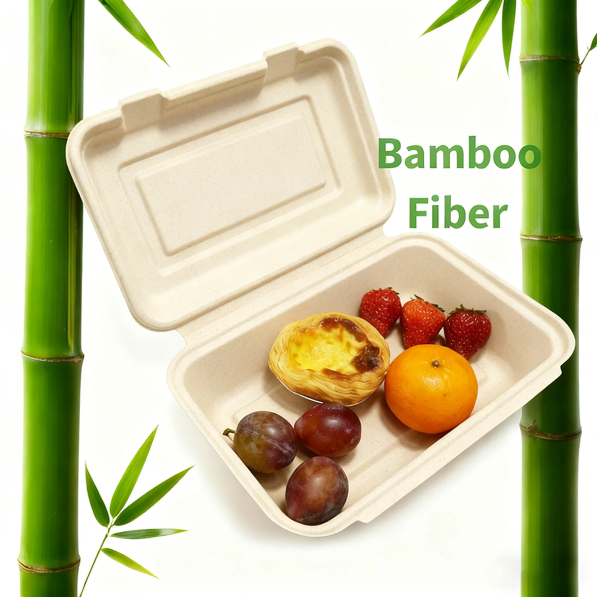 Rui Bamboo Menübehälter mit Klappdeckel – 887 ml – 50 Stück – Einweg