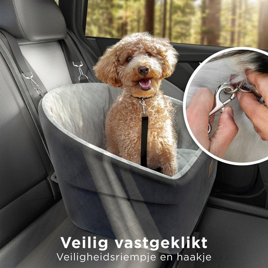 CozySense® Hundeautositz - Hundekorb für kleine Hunde - Vorder- und Rücksitz - mit Sicherheitsgurt, Staufach und waschbarem Bezug - Schwarz/Grau