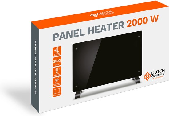 Dutch Originals - Konvektor - 2000 W - Schwarz - Einstellbarer Timer - 2 Heizstufen - Gehärtetes Glas - 42,5 x 24 x 77 cm