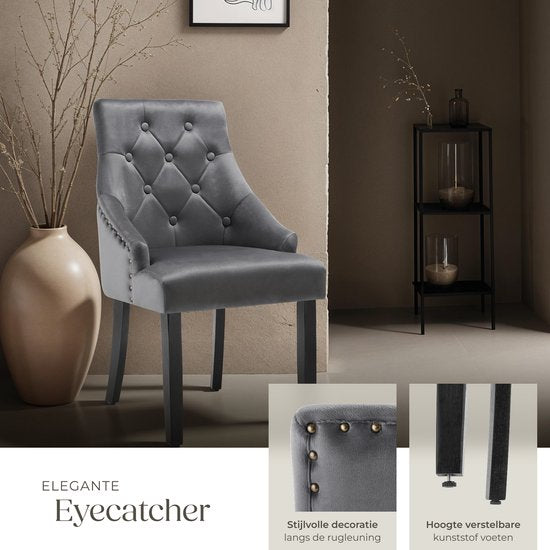 tectake - 2er-Set Esszimmerstühle Everdeen - Samtoptik, abgesteppt - Mit Armlehnen - Beine aus Massivholz - Stuhl für Wohnzimmer, Esszimmer, Küche - Große Rückenlehne - Dunkelgrau / schwarz