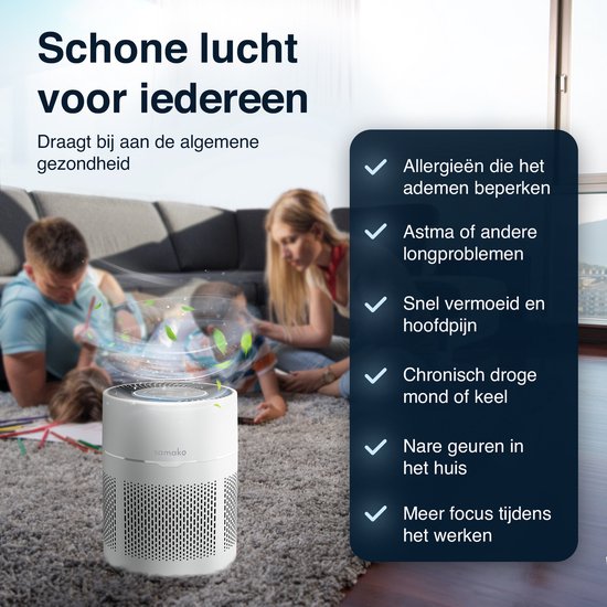 Samako Airflow Luftreiniger - Hepa 13 pro Filter - Heuschnupfen, Haustierallergien, Hausstaubmilben - Luftqualitätsanzeige - Niederländische App - Schlafmodus - Weiß