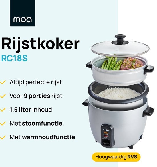 MOA Reiskocher mit Dampfgarer 1,5 Liter - Edelstahl - RC18S