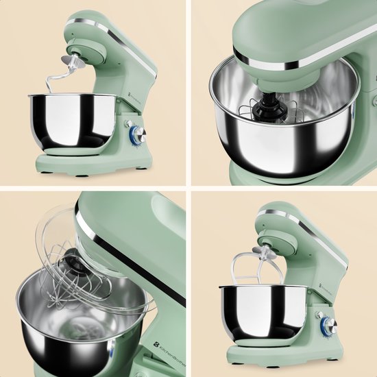 KitchenBrothers Küchenmaschine - 1200W - Küchenroboter - 5L - Brotmixer - Mixer mit Rührschüssel - Küchenmixer - Pastellgrün