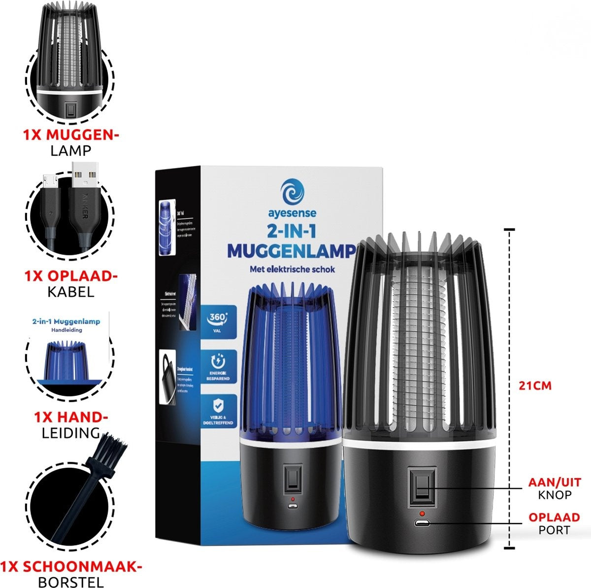 Professionelle AyeSense 2 in 1 Mückenlampe - Kabellos & Wiederaufladbar - 4000mAh Eingebauter Akku - Mückenfänger - Insektenlampe - Mückenlampe UV