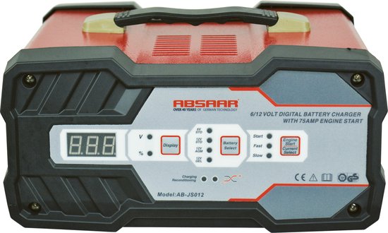 Absaar Batterieladegerät & Starthilfe – 6 V/12 V – 2–12 A Ladestrom – 75 A Starthilfe – 25–120 Ah 12-V-Batterie – AGM, Gel & Blei-Säure