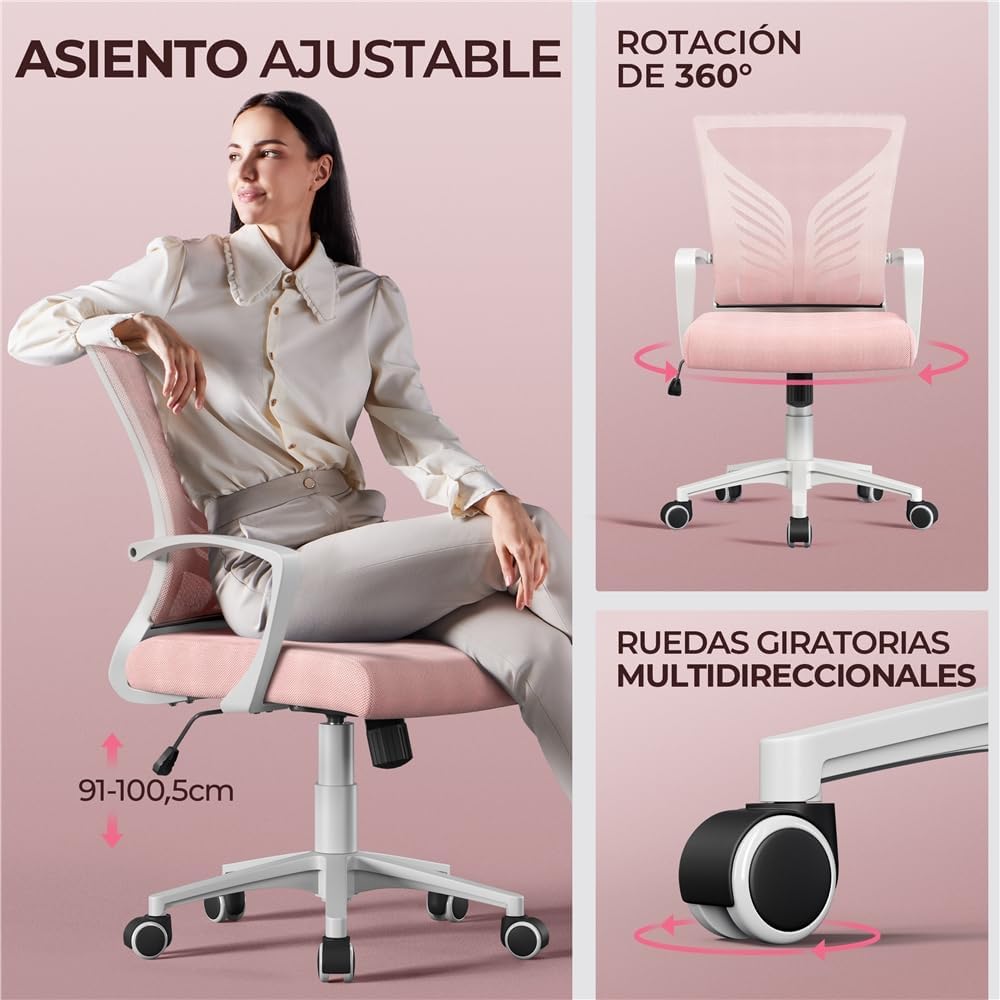 Yaheetech Drehbarer Bürostuhl – Netzgewebe – Rosa – Ergonomische Lendenwirbelstütze – Höhenverstellbar – Neigungsfunktion