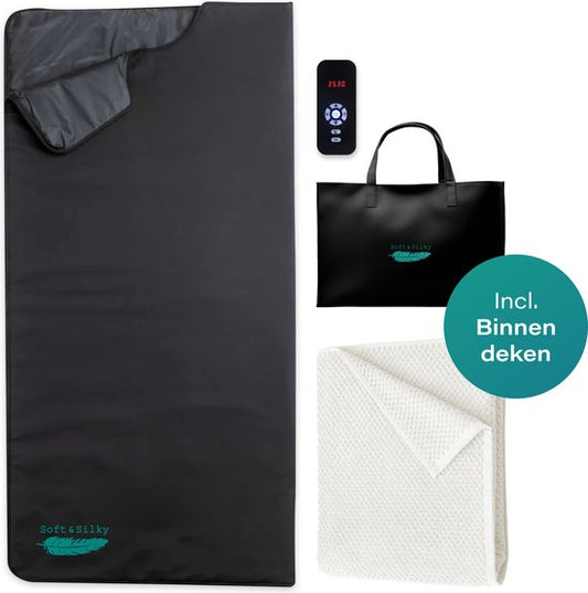 ComfortFlow Infrarot-Decke - 35 bis 85º - Inkl. Entgiftungsdecke - Infrarot - Rotlichttherapie - Sauna - Rotlichttherapie - Lampe - Wärme - Elektrisch - Decke - Für Muskeln, Fibromyalgie und Gelenke - Leder schwarz
