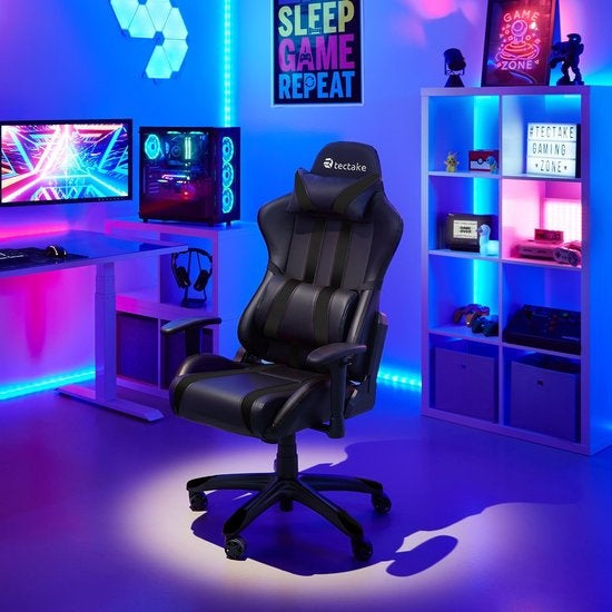 tectake - Gaming Stuhl Gaming Schreibtischstuhl Premium Racing - schwarz - Kunstleder - verstellbar - inklusive Rücken- und Nackenkissen - 402229