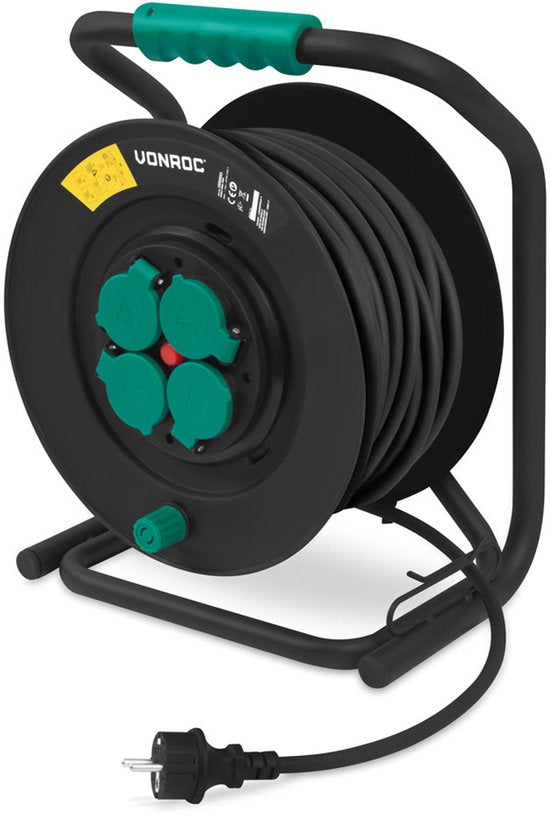 VONROC PRO Kabeltrommel 50m - IP44 - Neoprenkabel H07RN-F 3x1,5 mm² - 4 geerdete Schuko-Steckdosen - 3000W (abgerollt)/1100W (aufgerollt) - Feste Ader - Thermoschutz