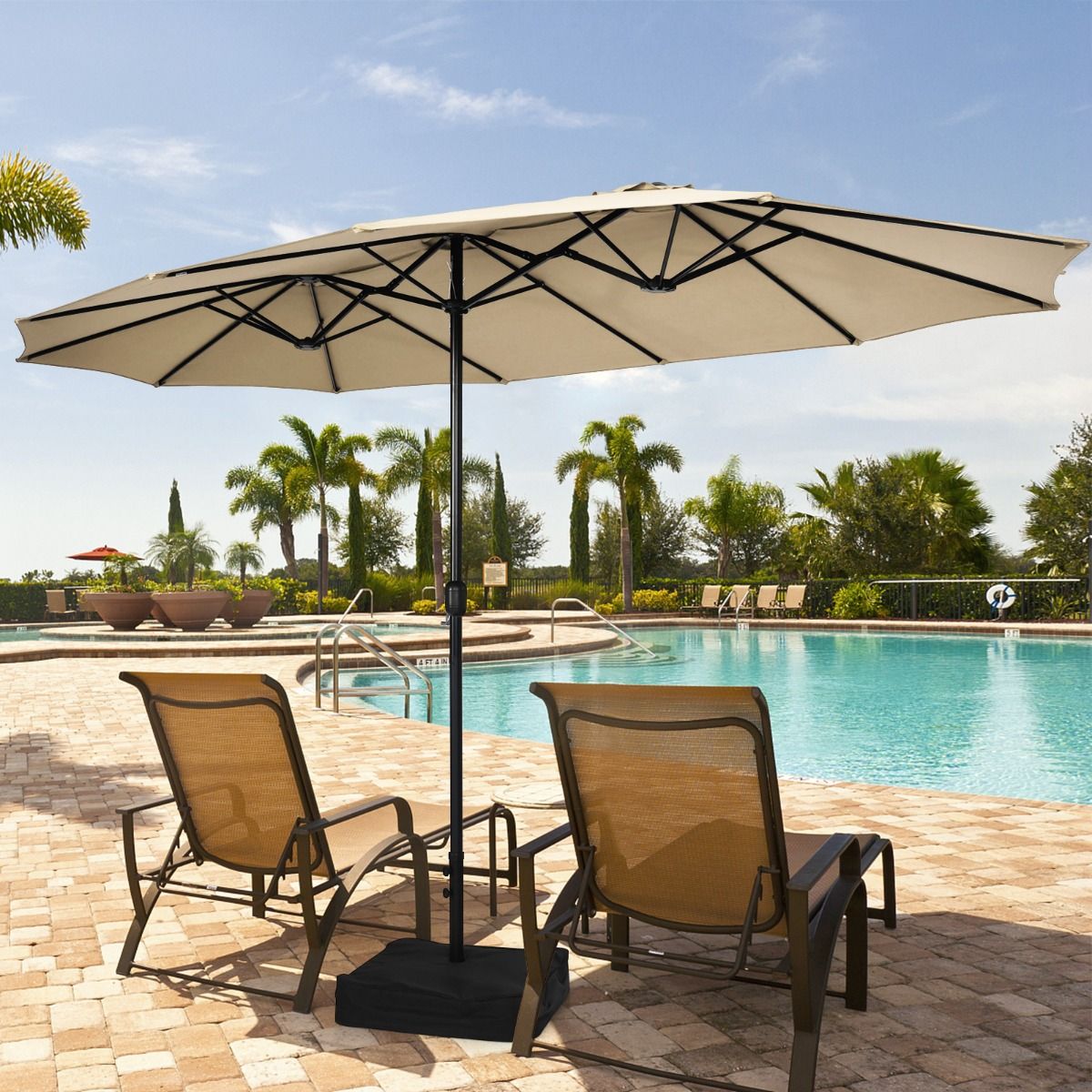 Coast Doppel-Terrassenschirm mit Ständer – XXL-Schatten – Kurbelmechanismus – Beige 451,5 x 264 cm