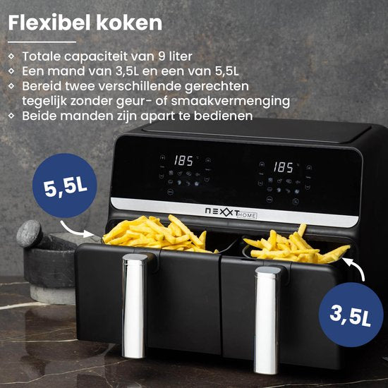 Nexxt Digital Double Airfryer XXL - Heißluftfritteuse mit Touchscreen - Fassungsvermögen 5,5 + 3,5 Liter - 8 Kochprogramme - Schwarz