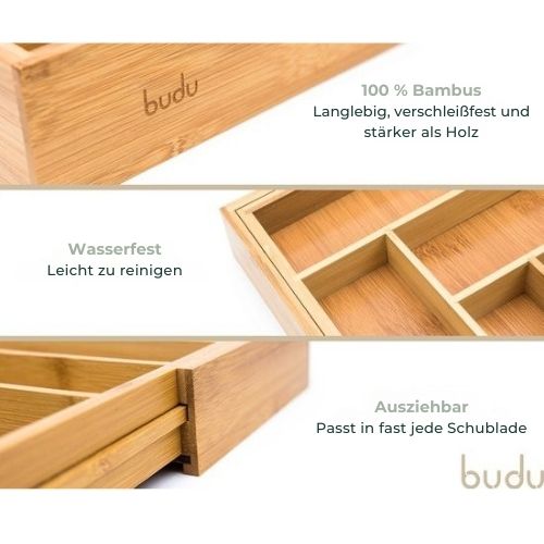 Budu - Erweiterbare Bamboo Besteckkassette - Besteckschublade - 50 x 34.1 x 56 cm - 6/8 Fächer - Holz