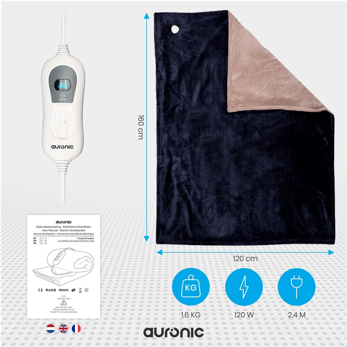Auronic - Heizdecke - 1 Person - 3 Stufen - mit Timer - 120x160cm - Dunkelblau