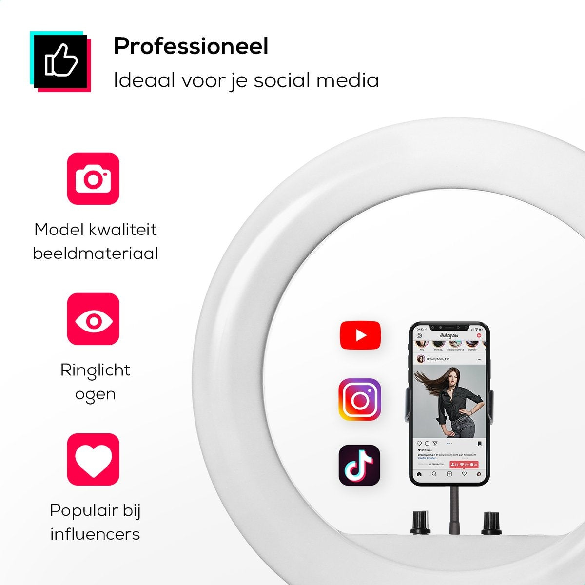 LURKÂ® Ringleuchten-Set PRO 18 Zoll - Verstellbares Stativ & Fernbedienung - LED - Geeignet für Smartphone und (Action-)Kamera