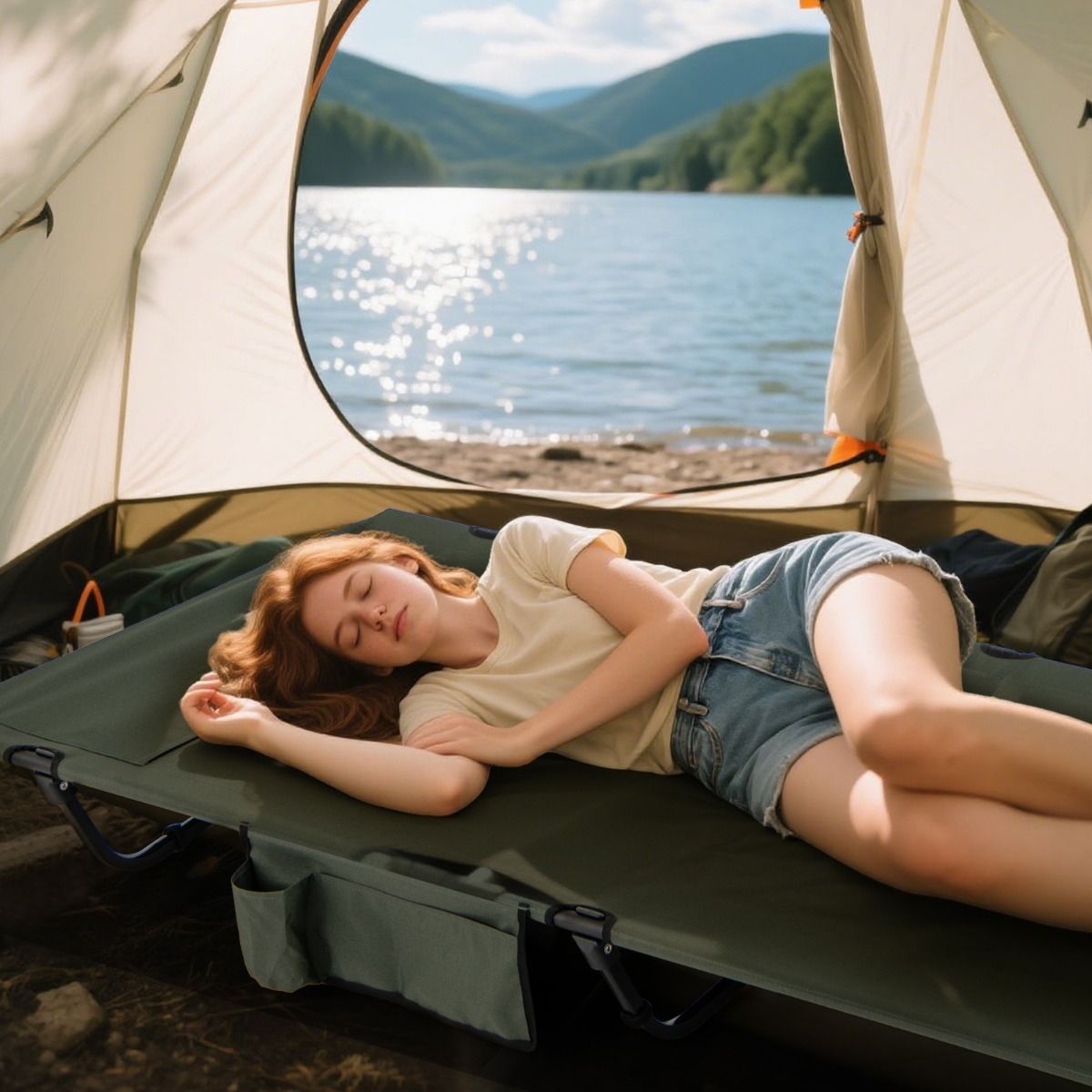 Coast Klappbares Campingbett – ultraleicht – mit Seitentasche und Kissenfach – grün