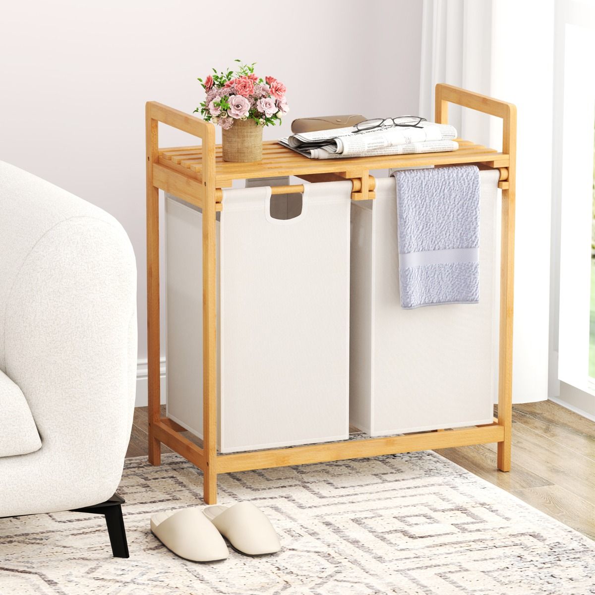 Coast Bambus-Wäschekorb 2-teilig 64x33x73cm mit zwei herausnehmbaren Wäschesäcken, oberes Regal, Natur/Weiß