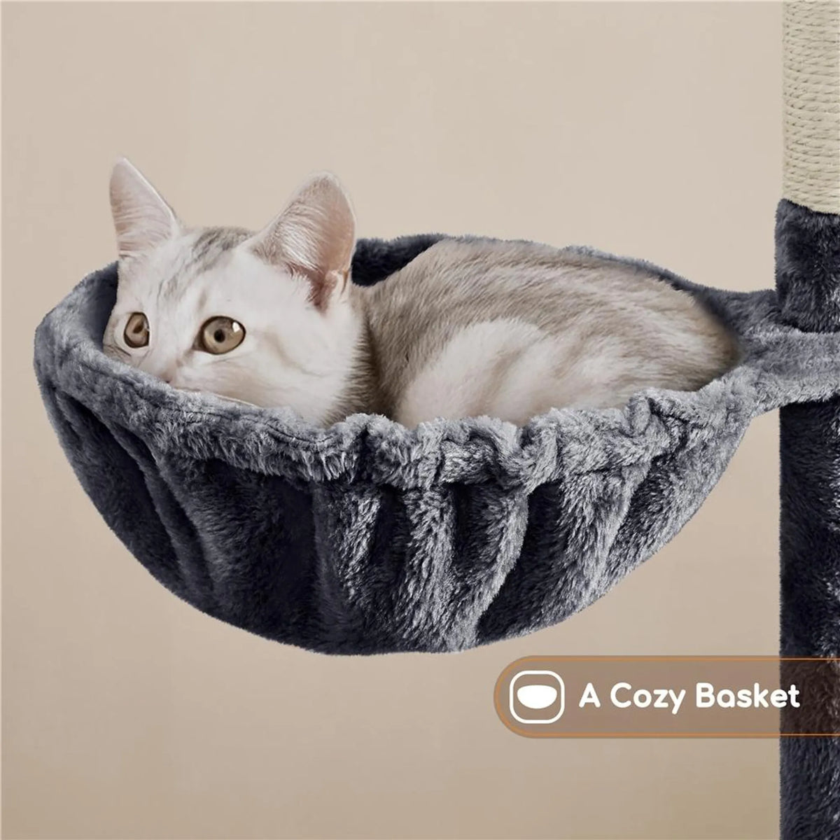 Yaheetech Katzenpfosten mit 5 Sisalstangen - Ausgestattet mit gepolsterter Aussichtsplattform und Hängematte und Katzenhöhle - Für 2 bis 3 kleine und mittlere Katzen - Dunkelgrauer Plüsch und Metall - 43,5 x 43,5 x 106 cm