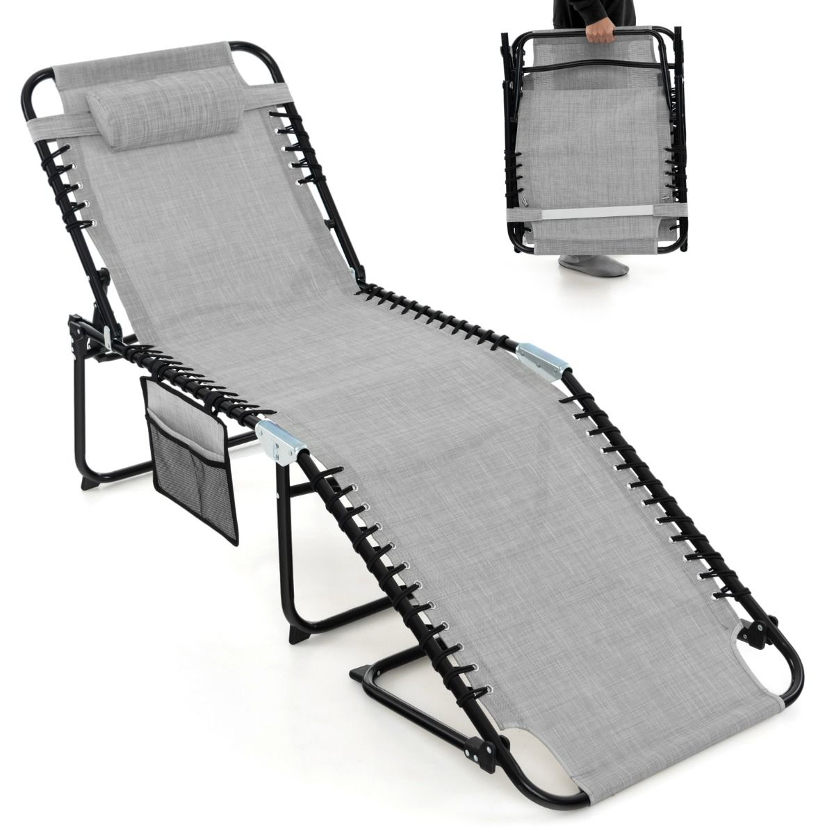 Coast Garden Lounger - Sonnenliege mit Seitentasche und Kopfstütze - klappbar - mit verstellbarer Rückenlehne - grau