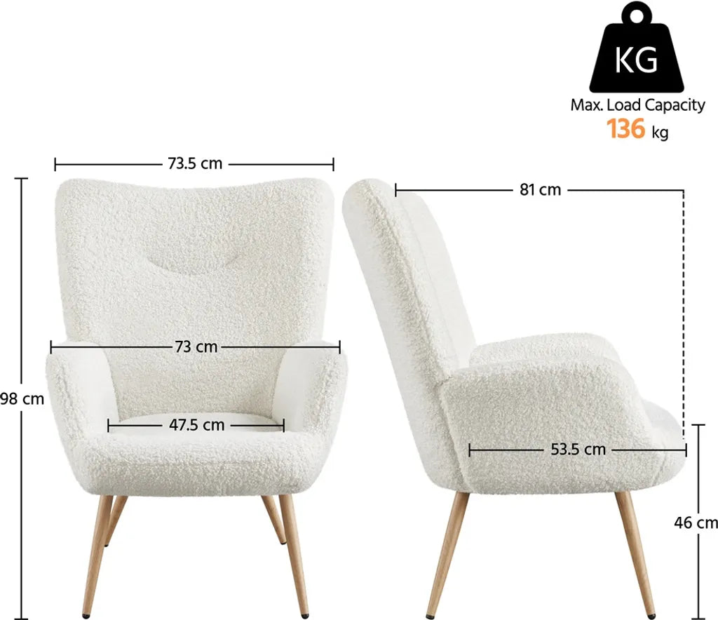 Yaheetech Relaxsessel 73,5 x 81 x 98 cm – Weiß – Skandinavischer Sessel mit Bouclé-Bezug