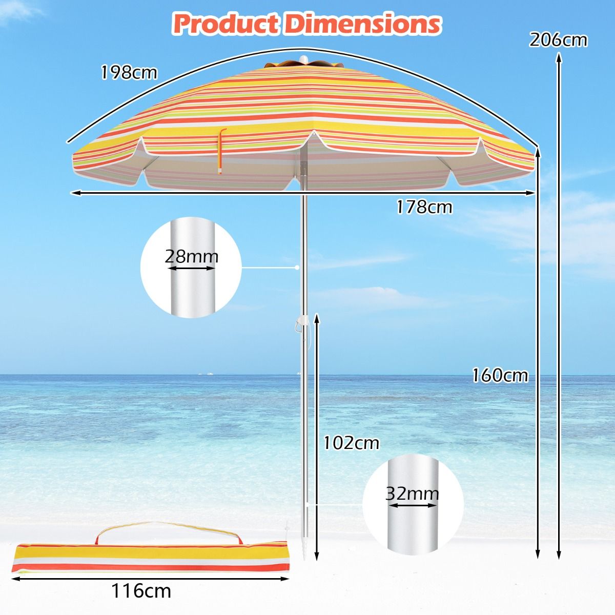 Coast Beach Parasol Ø198 x 206 cm - Rot/Gelb - Tragbarer Sonnenschirm mit Sandanker & Tragetasche