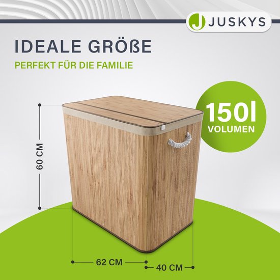 Juskys Bambus-Wäschekorb Curly Natural 150L - Hygienischer Wäschekorb mit Deckel, Tragegriff & Wäschesack - 3 Fächer - Natürliche Bambusoptik