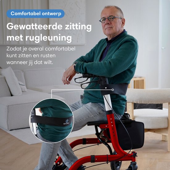 Safe Life® Rollator - Leicht und faltbar - Sitzfunktion - Für den Innen- und Außenbereich - Rückenlehne und Gehstockhalterung - Rot
