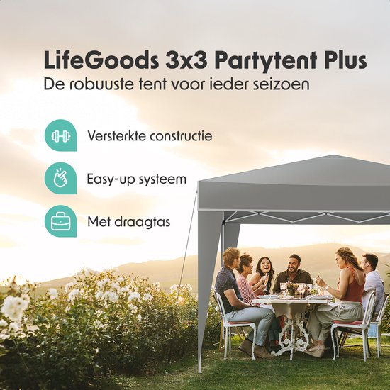 LifeGoods Party Tent Plus - Faltzelt - 3x3 m - Einfacher Aufbau - Verstärkter Rahmen - Wasserdicht - Tragetasche - Grau
