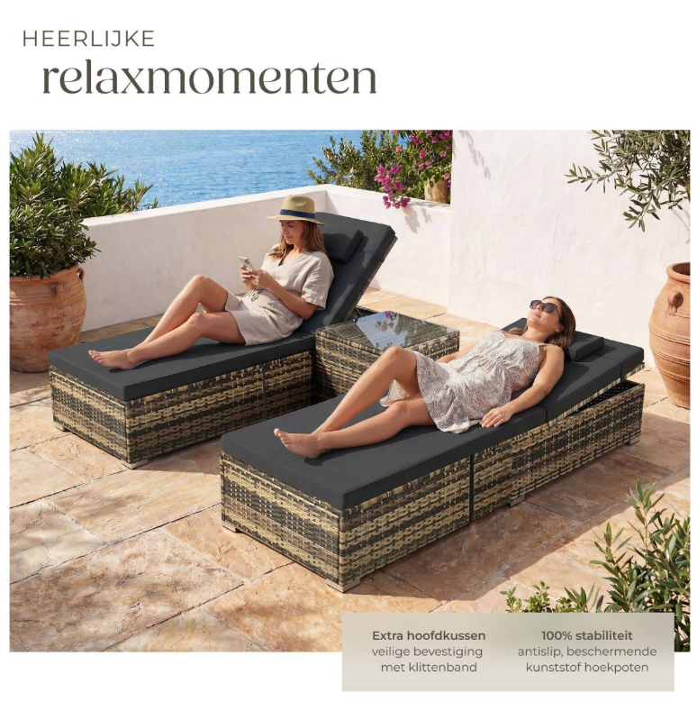 Tectake Carbonera Doppel-Liegestuhl aus Korbgeflecht – Natur – 62 x 196 x 36 cm – 2er-Set, inklusive Beistelltisch
