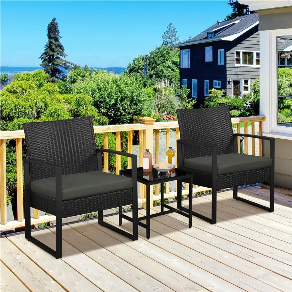 Yaheetech Gartenmöbel-Set, 3-teilig – Schwarz/Grau – Balkon-Set aus Polyrattan mit Beistelltisch