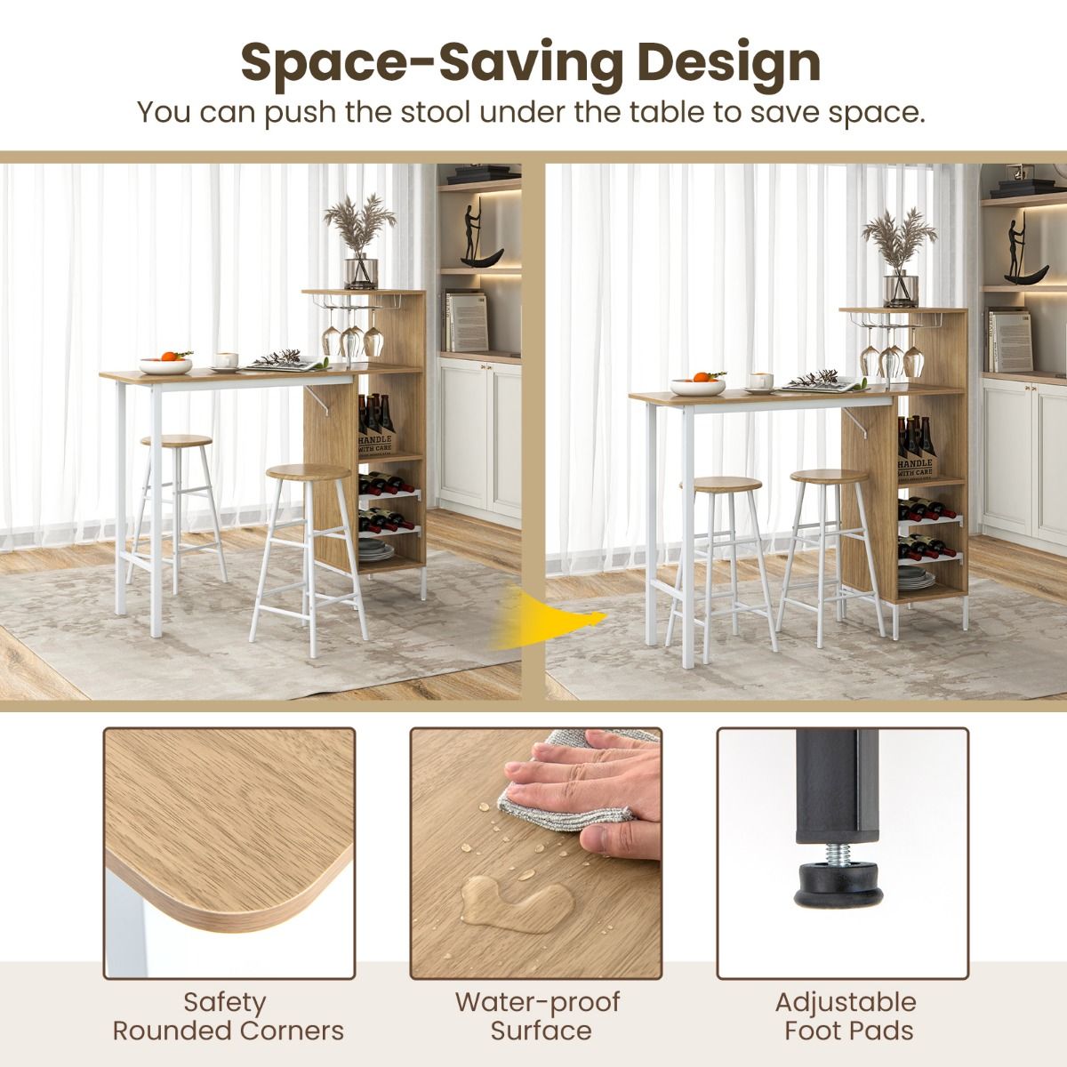 Coast Bartisch mit 2 Hockern – Weinregal für 6 Flaschen – Bistrotisch für Wohnzimmer und Küche – 120 x 40 x 121,5 cm – Naturfarben
