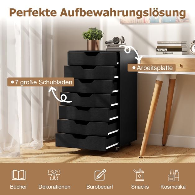 Coast Kommode mit 7 Schubladen und Rollen – Schwarz – 49 x 40 x 87 cm