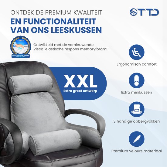 TTD® Premium XXL Lesekissen mit Nackenrolle - Lesesitz - Lesekissen fürs Bett - Ergonomisches Sitzkissen mit verstellbarer Polsterung - Buchkissen - Inklusive extra Minikissen - Samtig weich - Waschbarer Bezug