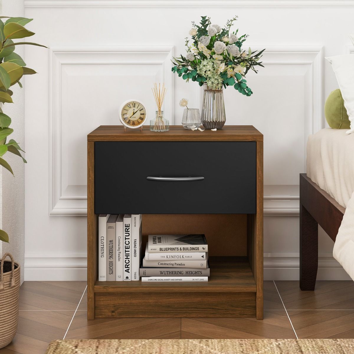 Coast Nachttisch – mit Schublade und offenem Ablagefach – kompaktes Design – braun und schwarz – 38,5 x 28 x 40,5 cm