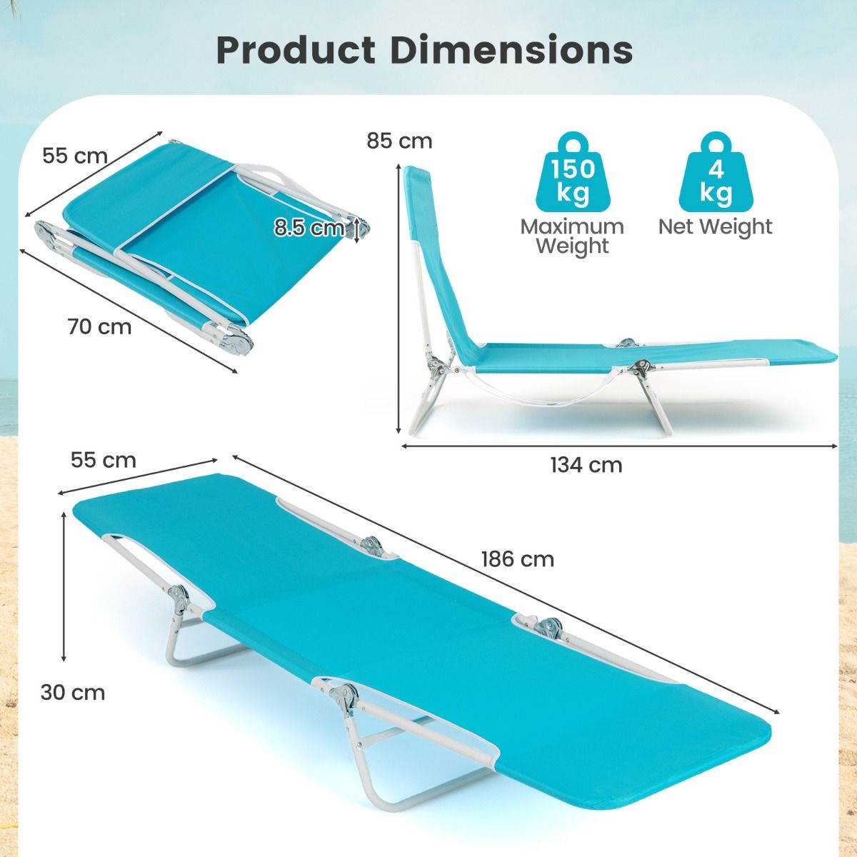 Coast Klappliegestuhl, 2-teilig – in 5 Stufen verstellbar – Blau – 186 x 55 x 30 cm