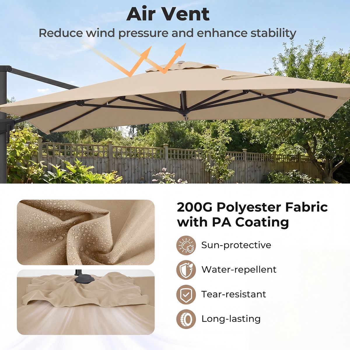 Coast Rechteckiger Sonnenschirm – drehbares Fußpedal und Kurbel – 300 x 390 cm – beige