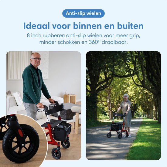 Safe Life® Rollator - Leicht und faltbar - Sitzfunktion - Für den Innen- und Außenbereich - Rückenlehne und Gehstockhalterung - Rot