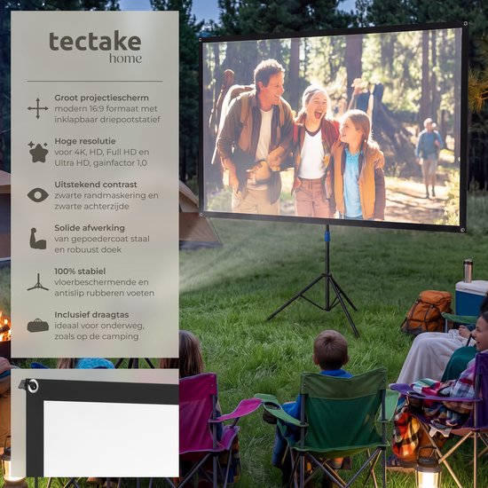 tectake® Beamer-Leinwand – 80 Zoll – 16:9-Projektionsleinwand mit Stativ – 4K HD – aufrollbar – ausziehbar – Projektionsleinwand – Präsentationsleinwand – inklusive Tragetasche