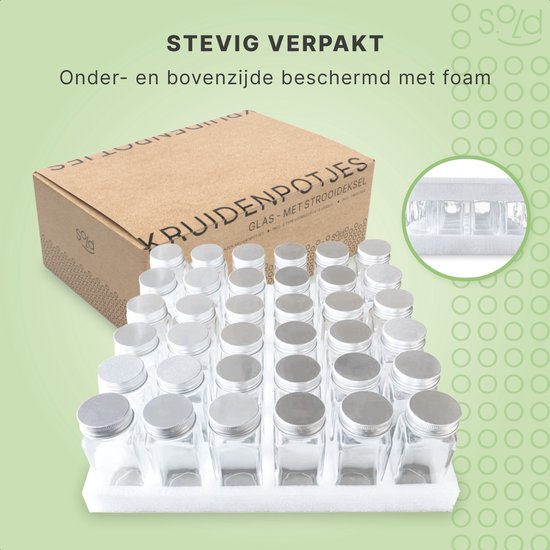 S.old - 36 Glasgewürzdosen quadratisch mit Deckel - Gewürzstreuer - Komplettset mit Streudeckeln, vorgedruckten Aufklebern und Trichter - Fassungsvermögen 120 ml - 10,5 x 4,3 cm