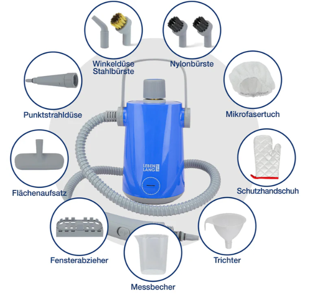 LEBENLANG - Elektrischer Dampfreiniger Handdampfreiniger - 1000W & 300ml + 10x Zubehör
