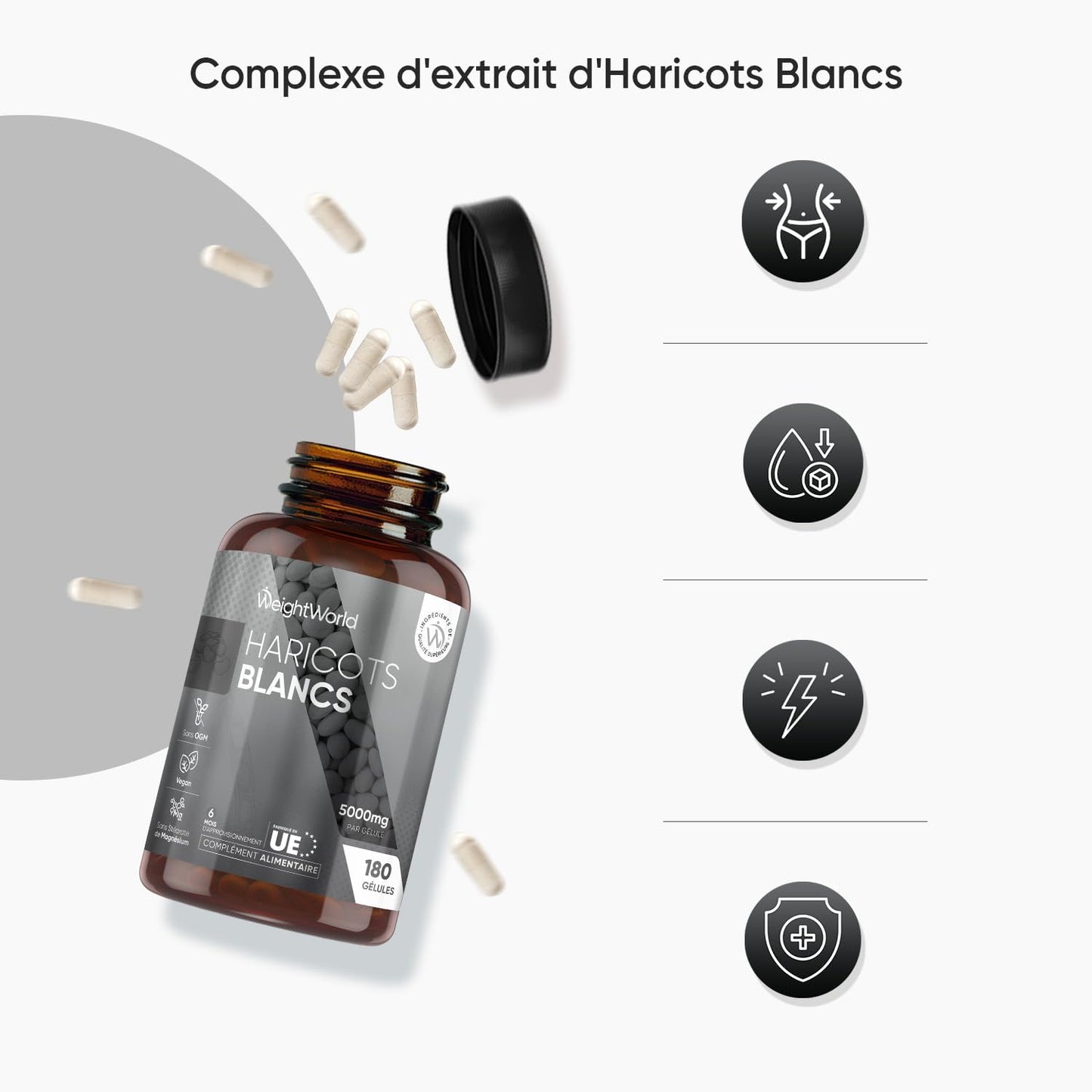 WeightWorld Weißbohnen-Extrakt 5000 mg mit Zink und Chrom – 180 vegane Kapseln – Vorrat für 6 Monate – 6,4 x 6,4 x 11,2 cm