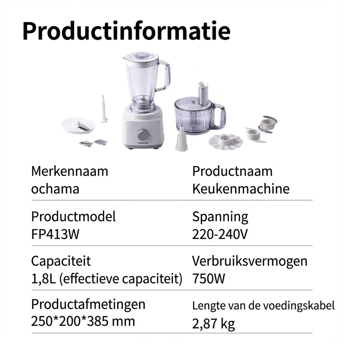 Ochama Küchenmaschine 750 W – 1,8 l – Multifunktional – Zerkleinerer, Mixer, Fleischwolf, Gemüseschneider und Reibe – Messer aus Edelstahl