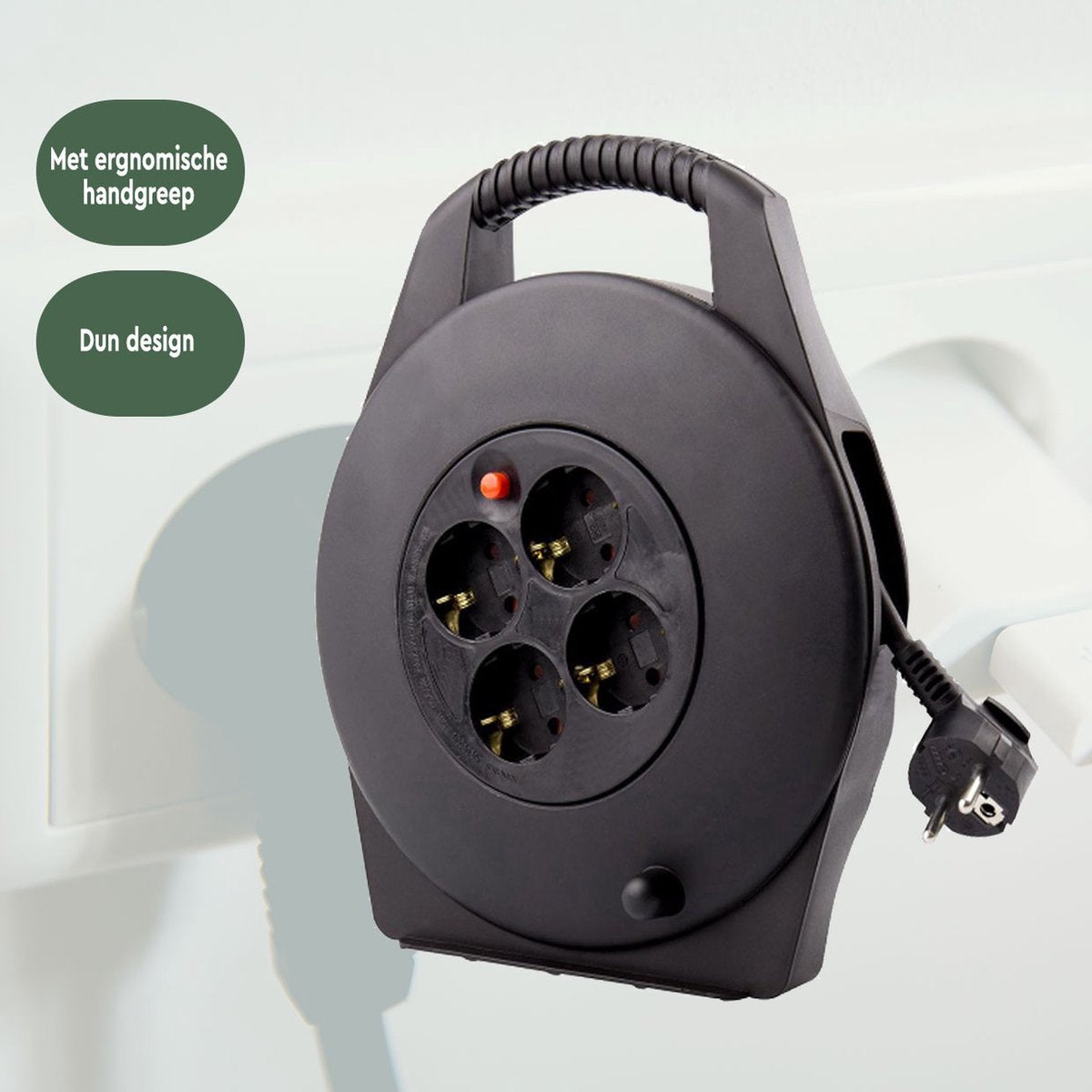 BRASQ Kabeltrommel - 4-fach - Schwarz - 10 Meter - Trommelverlängerungskabel - Verlängerungskabel - Mit Erdung - Für den Innenbereich